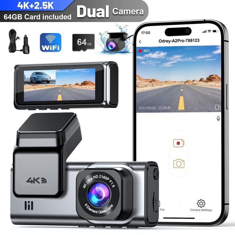 64GB Card, 2.5K Dash Cam Front+1080P Rear Car Camera W