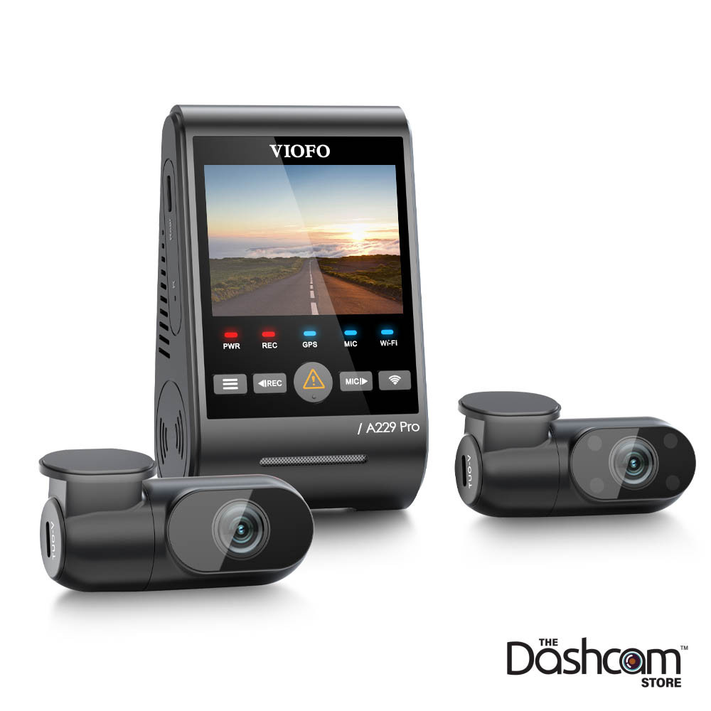 VIOFO A229 Pro dash cam beside its phone app showing a live view