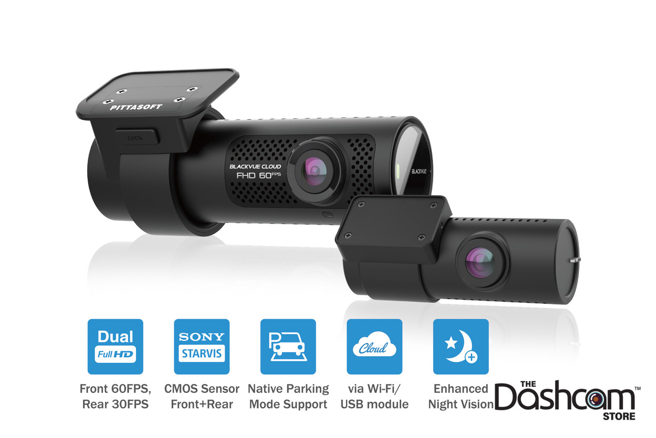 Two-piece dash cam on a retailer feature graphic listing parking mode and night vision