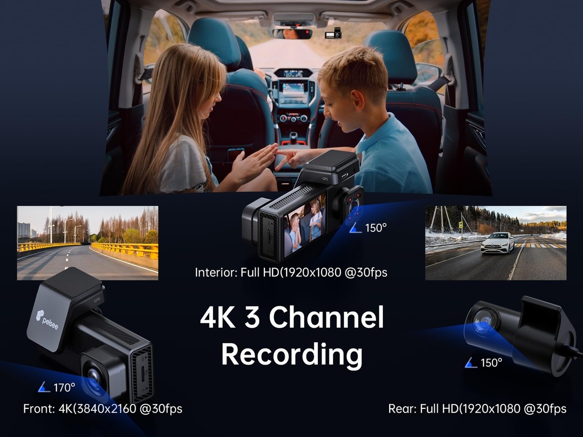 3-Channel Dash Cam 4K for Car: Front, Rear & Inside