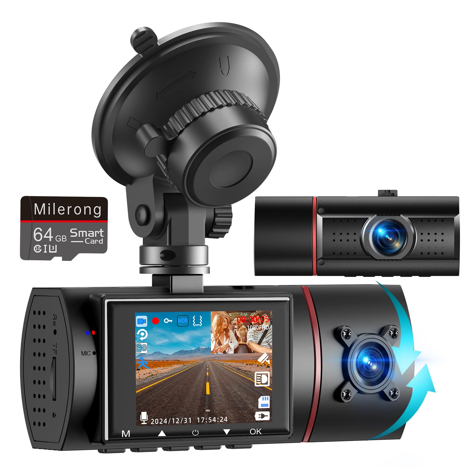 Dual Dash Cam Front and Inside with 64GB Card, Milerong X25
