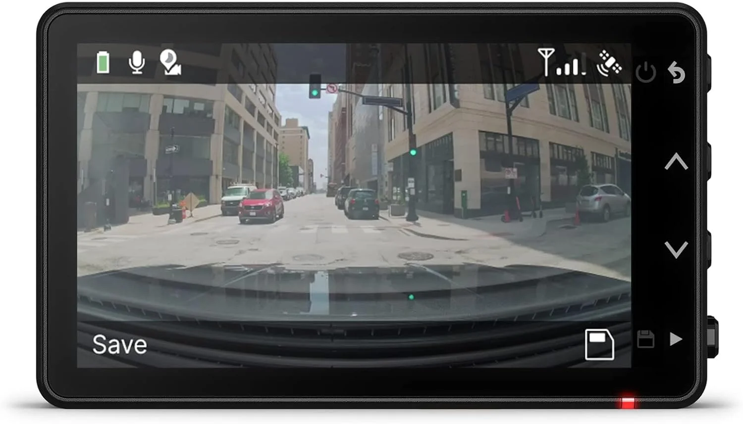 Dash cam screen showing a live forward view of a city street