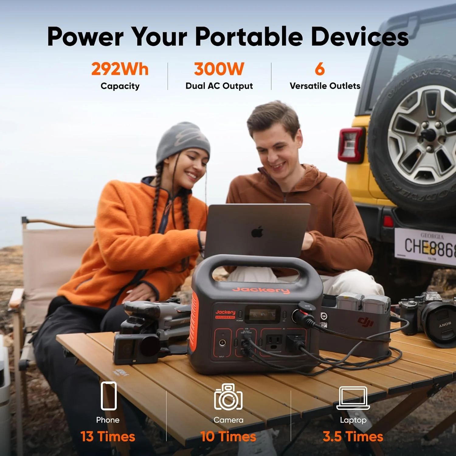 Portable power station powering camping devices in a Nissan Rogue