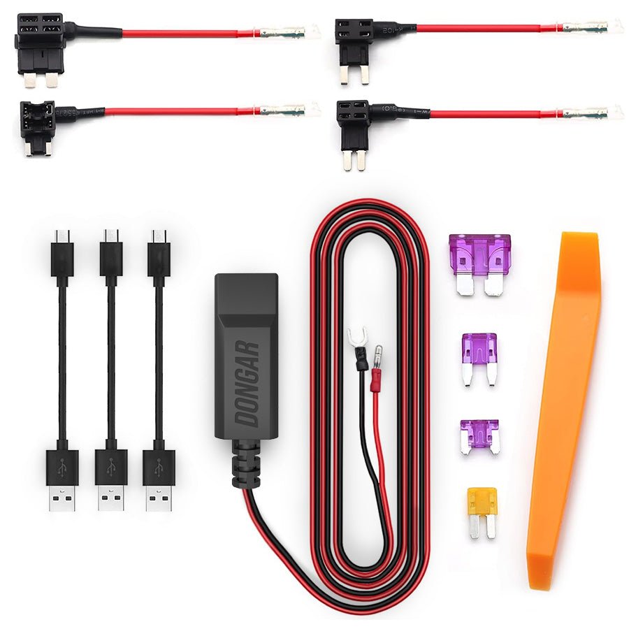 Add-a-fuse hardwire kit laid out with four fuse taps, spare fuses, cabling and a trim tool