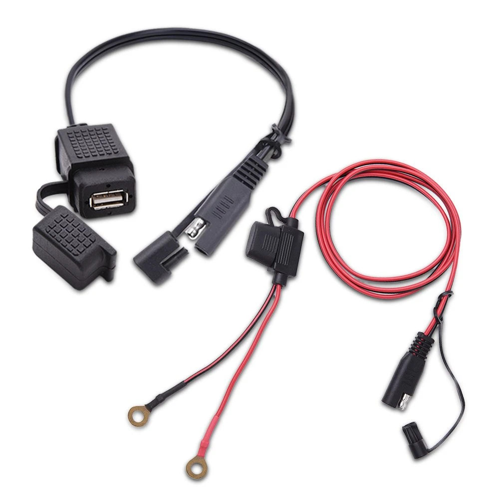 Hardwire lead with dual USB outputs, an inline fuse holder and ring-terminal ground leads