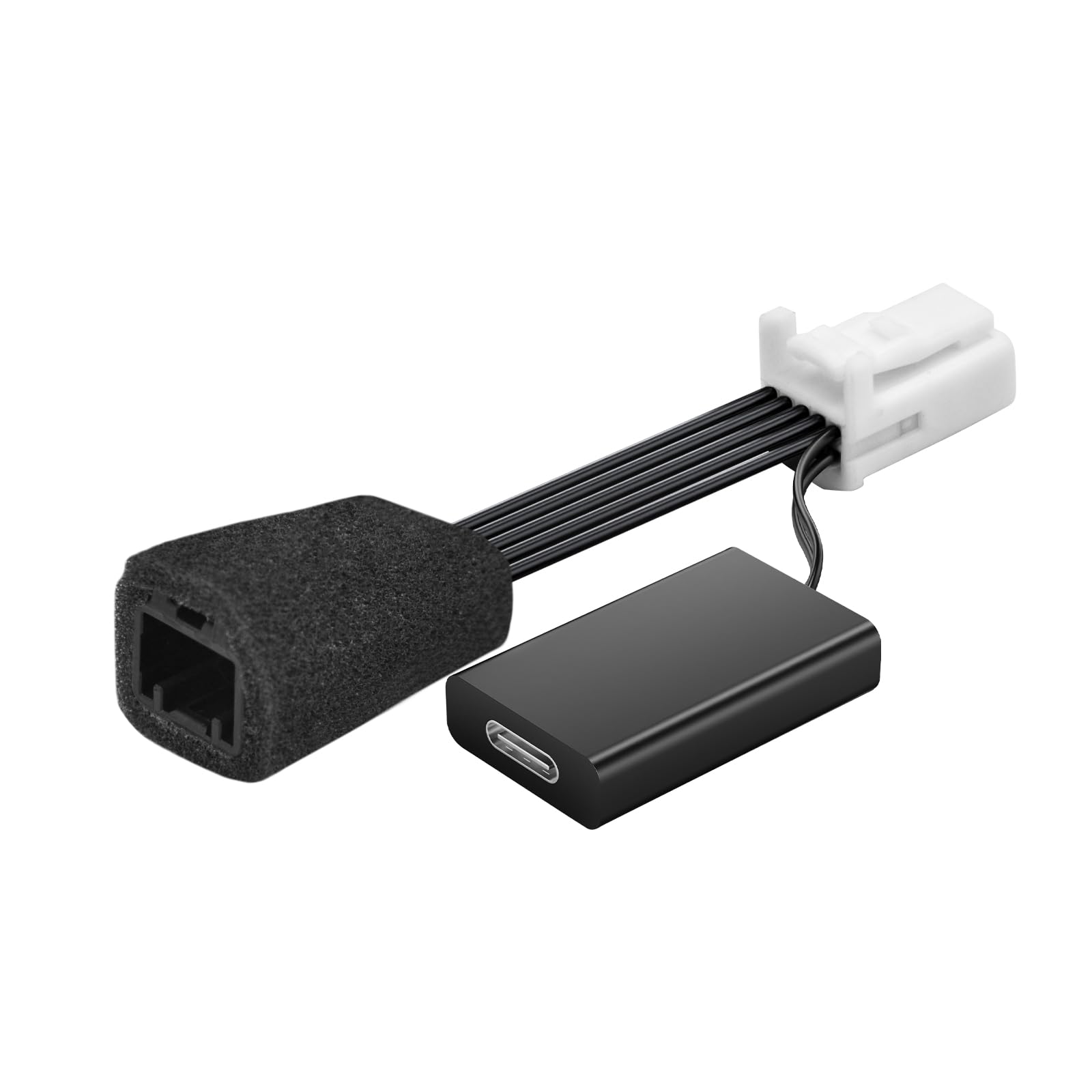 Compact mirror-harness power adapter with a foam-wrapped body and a USB-C output