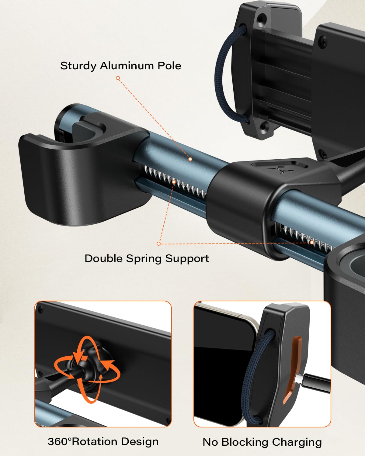 Headrest-post phone mount shown on the manufacturer's own feature graphic