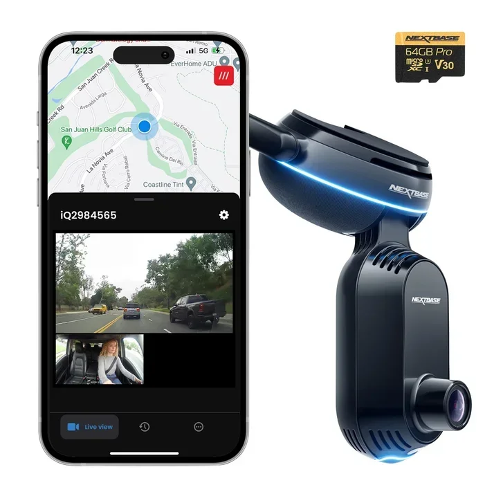The Nextbase iQ paired with a phone app showing a live map and dual camera feeds