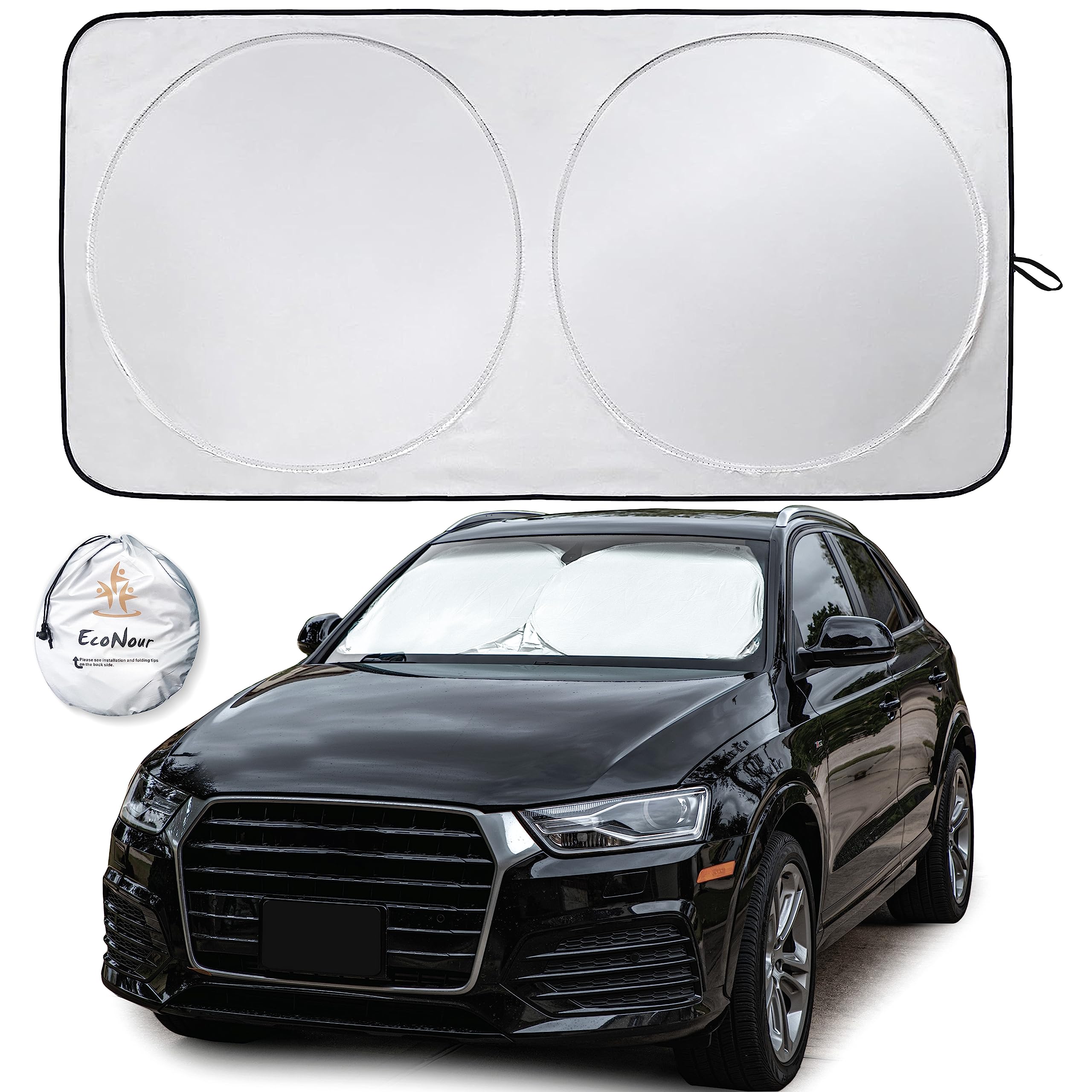 Wire-edge universal sun shade shown flat beside the vehicle it is sized for