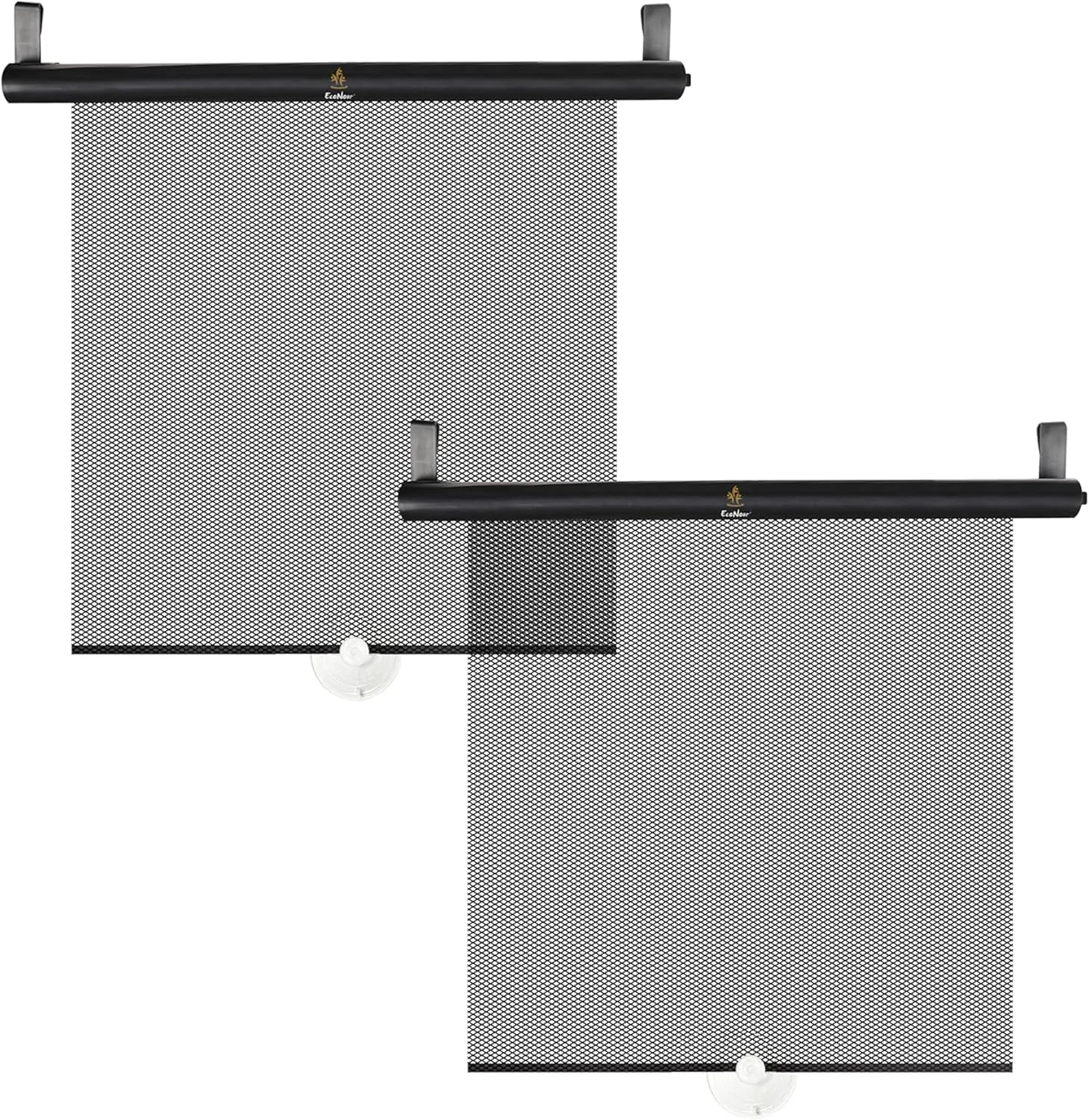 Two black retractable roller car window sunshades with suction-cup mounts, shown on a plain white background.