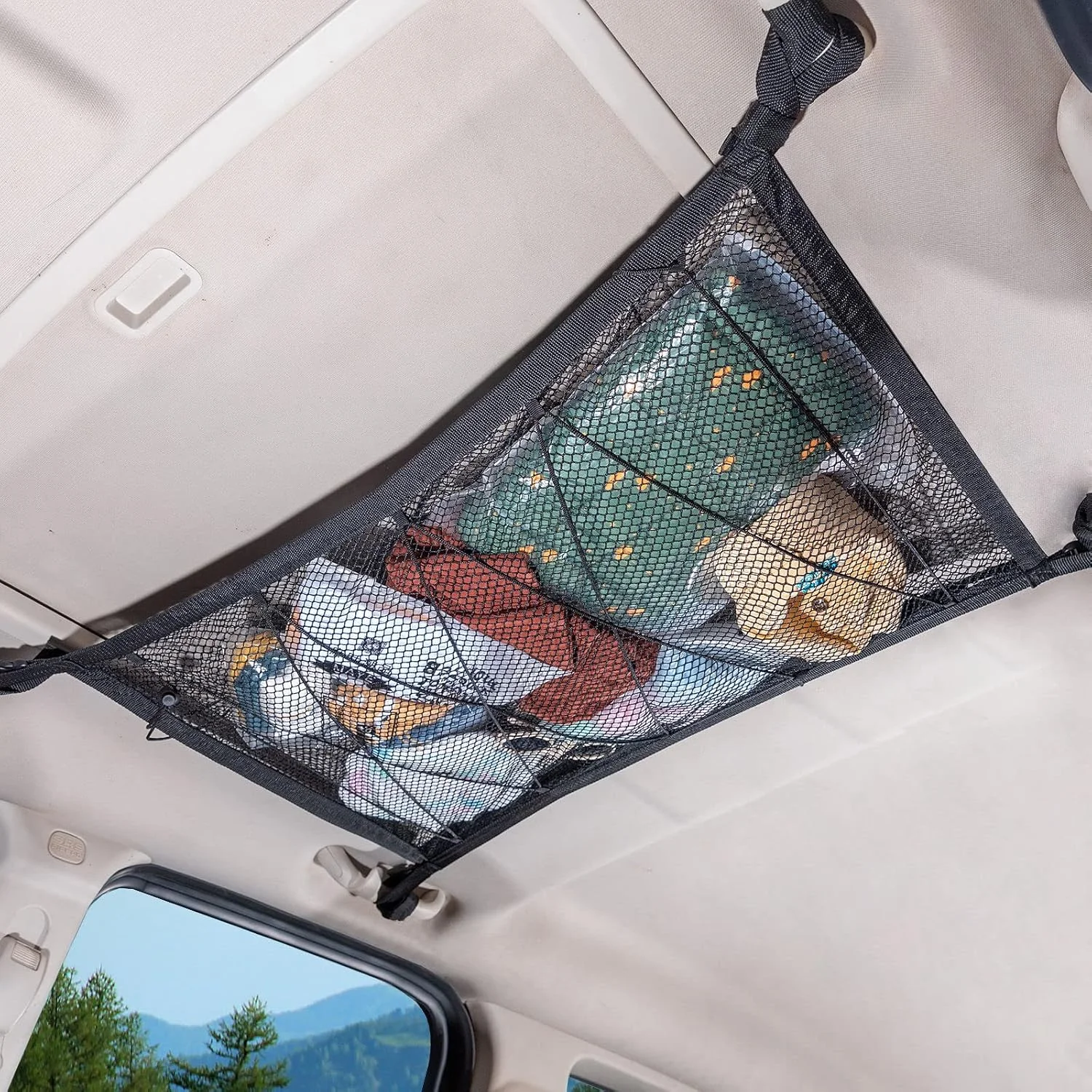 Car Ceiling Cargo Net — Kia EV9 Camping Mode: V2L Power + Flat 2-Person Bed