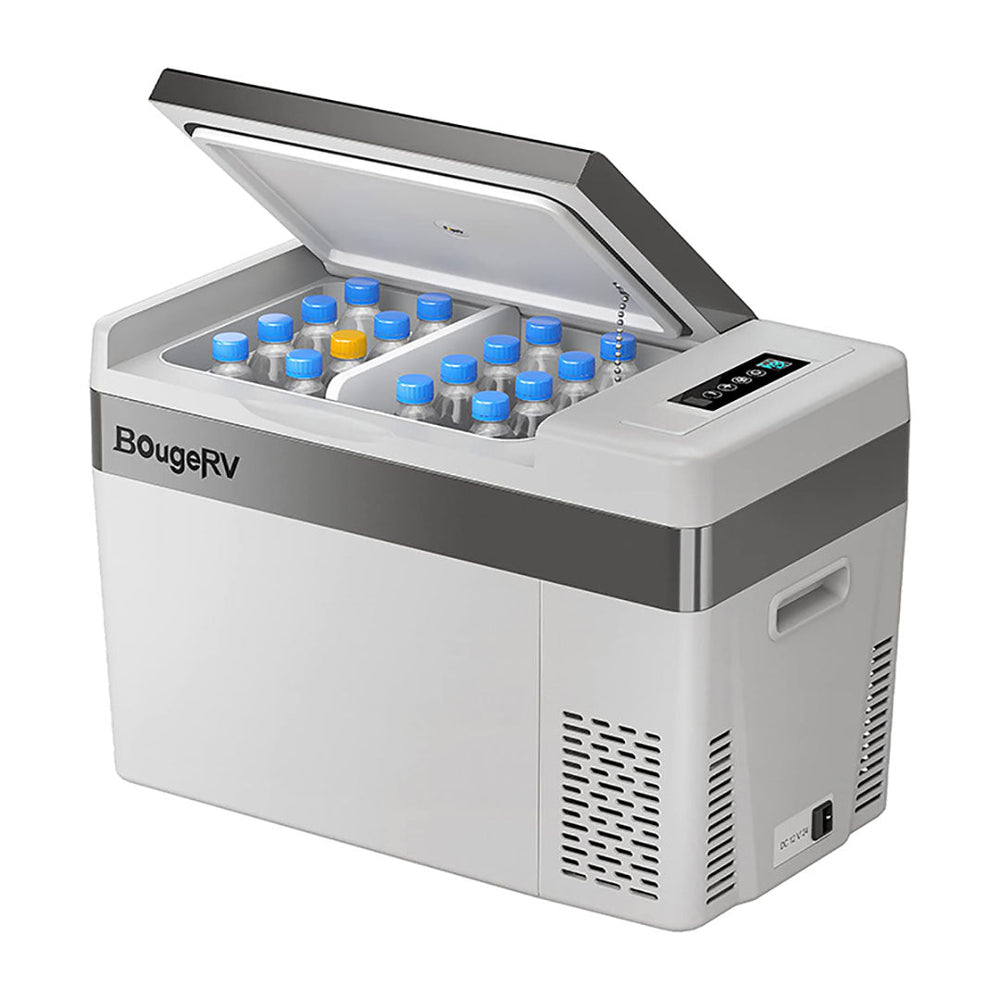 30-quart 12V refrigerator with the lid open and its internal basket visible