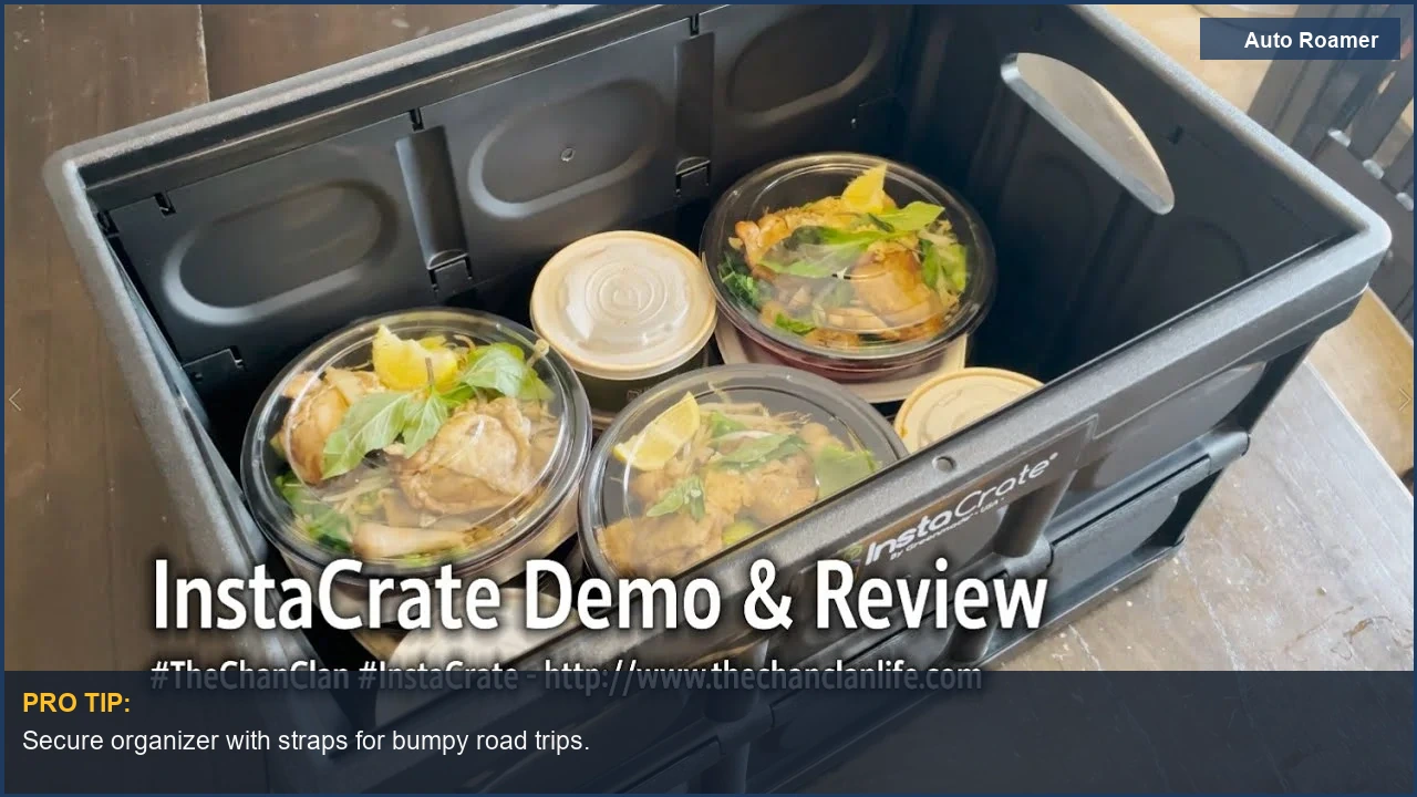 A Greenmade InstaCrate collapsible storage crate used as a car organizer, holding food containers