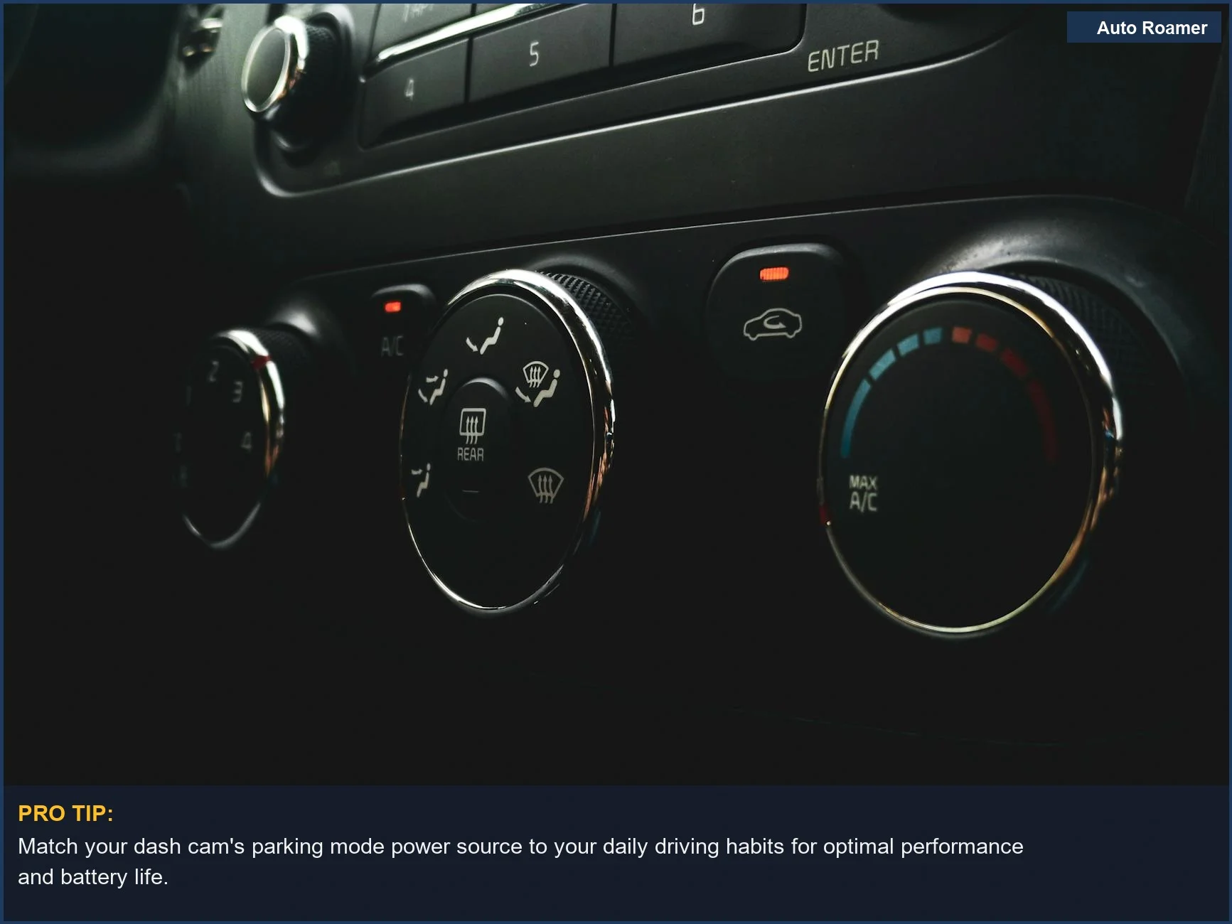 Close-up of car dashboard buttons and indicators, essential for selecting dash cam parking mode settings.