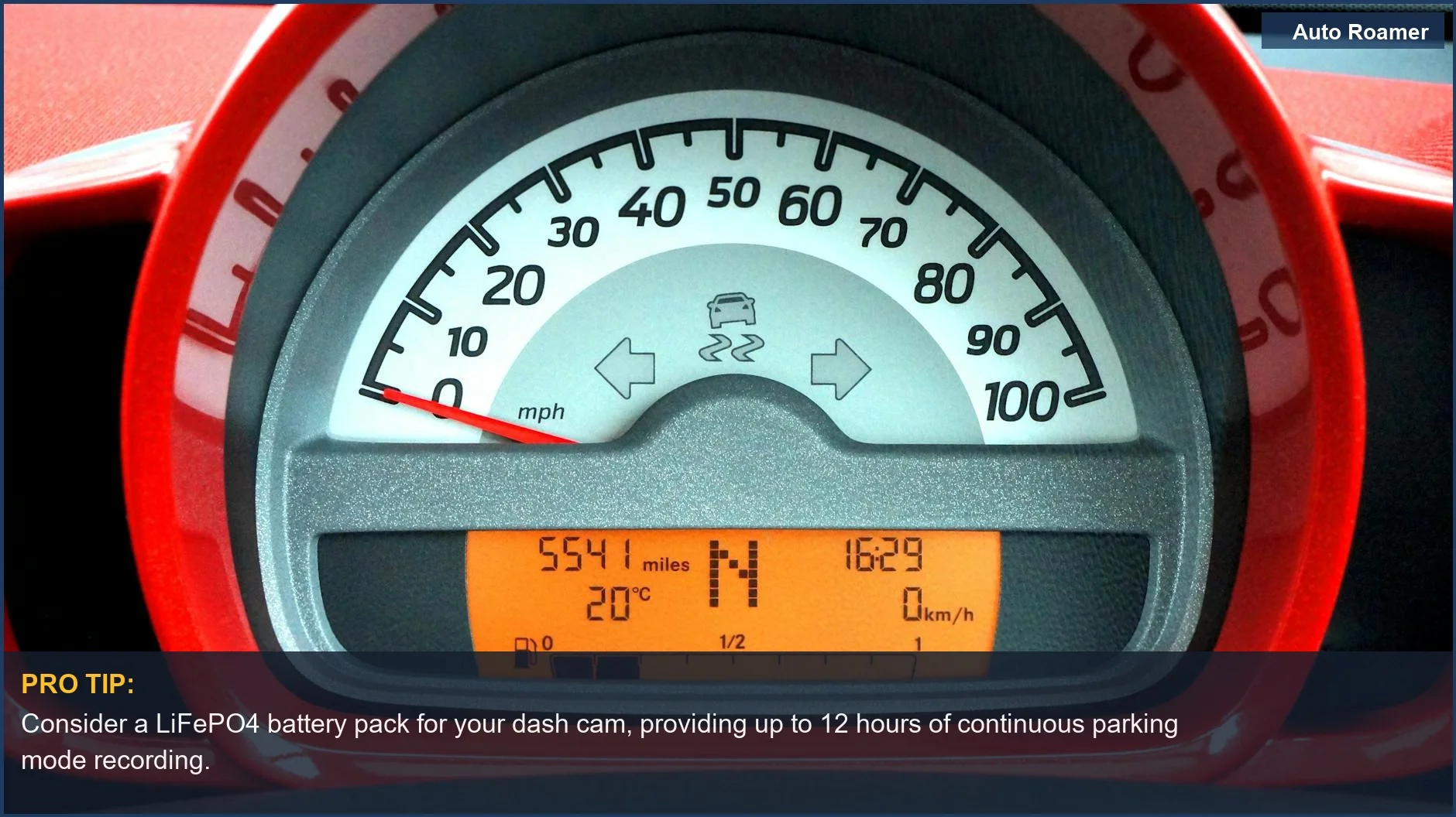 Detailed view of a car's digital dashboard and speedometer, showcasing modern vehicle technology for parking mode.